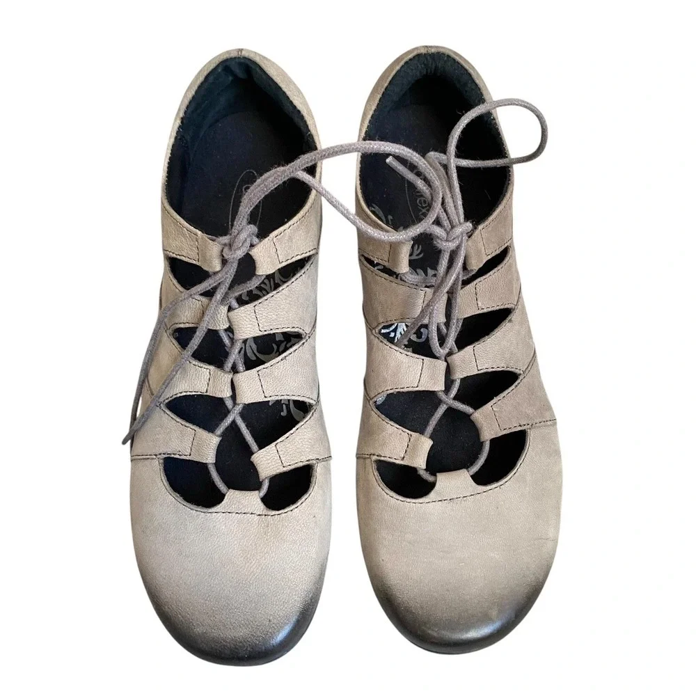 Aetrex Shoes Women 7.5 Gray Leather Flat Lace Up Retro Prairie Cottage Sienna